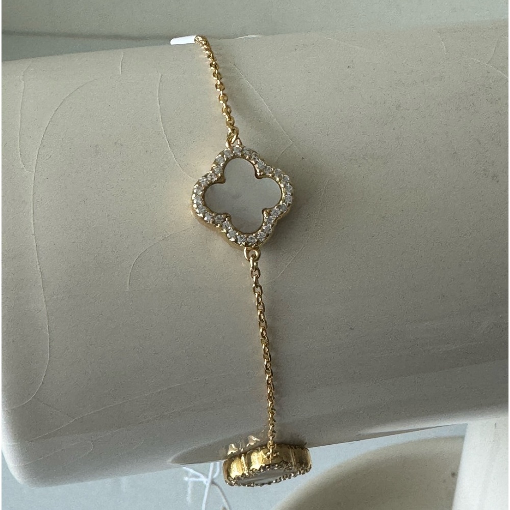 Rachel Zoe Gold Plated 925 Ster Silver Revers Bracelet Pave 3 Clover Moth OPearl - Picture 5 of 15